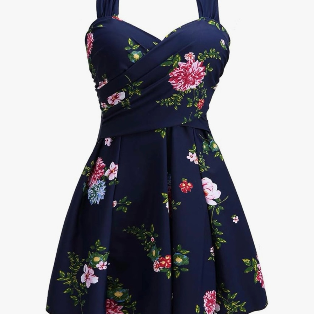 NWOT Cocopear Retro swim dress in navy with elegant floral print & boy short